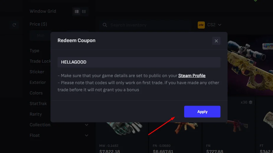 Enter the Tradeit.GG coupon code